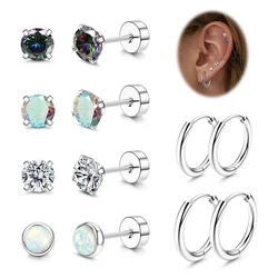 Women Men Hypoallergenic Hoop Earrings for Sensitive Ears CZ Flat Back Earrings Stud 18G Stainless Steel Cartilage Earrings Set