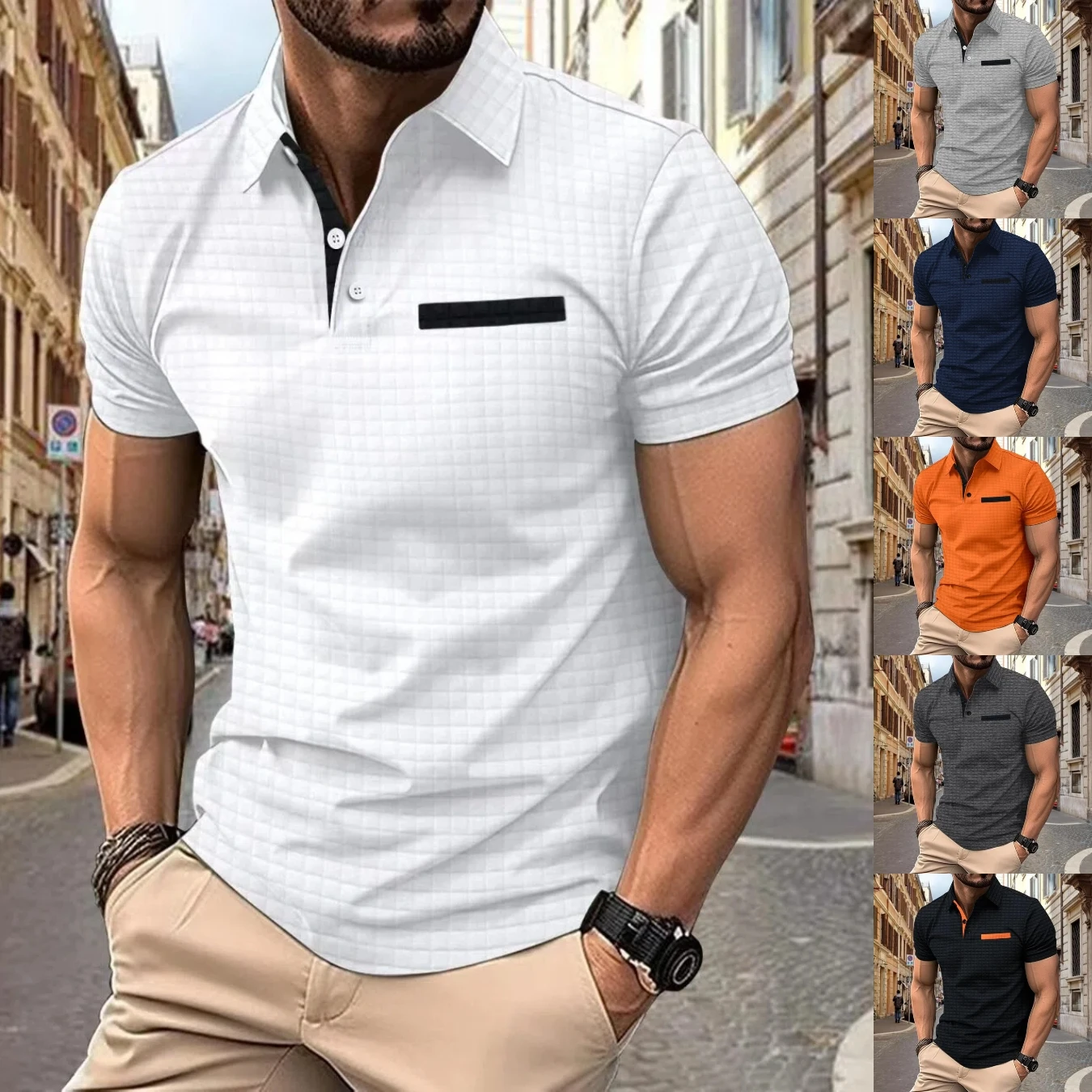 قميص بولو بأكمام قصيرة وطية صدر السترة بلون سادة للرجال جديد للصيف والخريف، قميص بولو مريح وغير رسمي بنمط أزرار سفلية #1
