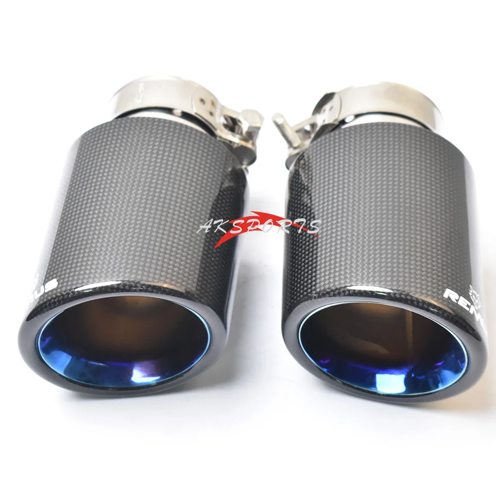 1Pc Car Exhaust Straight Flange Glossy Carbon Tail End Tip Blue Stainless Steel Bevel Muffler Pipe