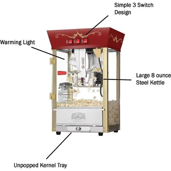 Maszyna do popcornu Matinee - Popper 8 uncji z czajnikiem ze stali nierdzewnej, odrzucającą tacę na jąder, podgrzewającą światło i akcesoria firmy Great