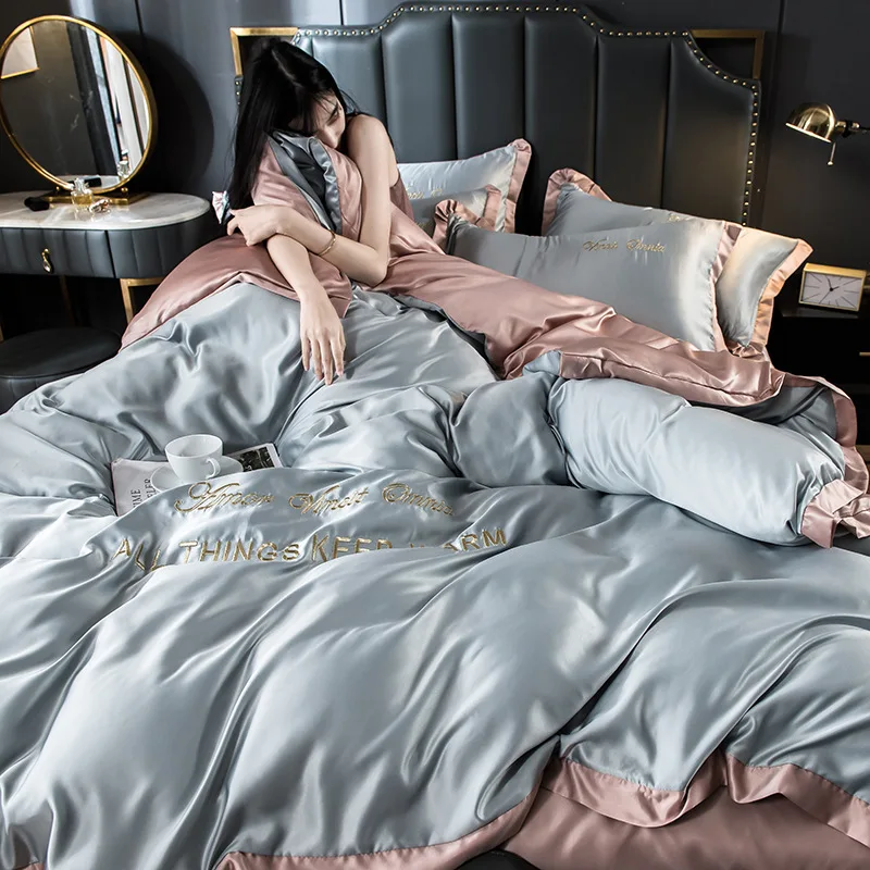 Solid Nordic Style Rayon Silk Summer Bed Set Satin Cooling Smooth Bedding Soft Sets Queen/king Double Single Size Comforter Kit