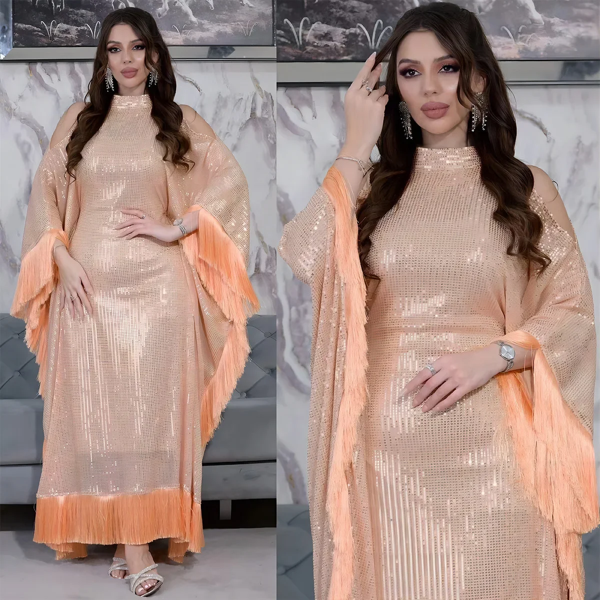 Ramadan Eid gland paillettes chauve-souris Abaya dubaï femmes Islam musulman Maxi caftan robes Kebaya Caftan Marocain Robe Femme Musulmane