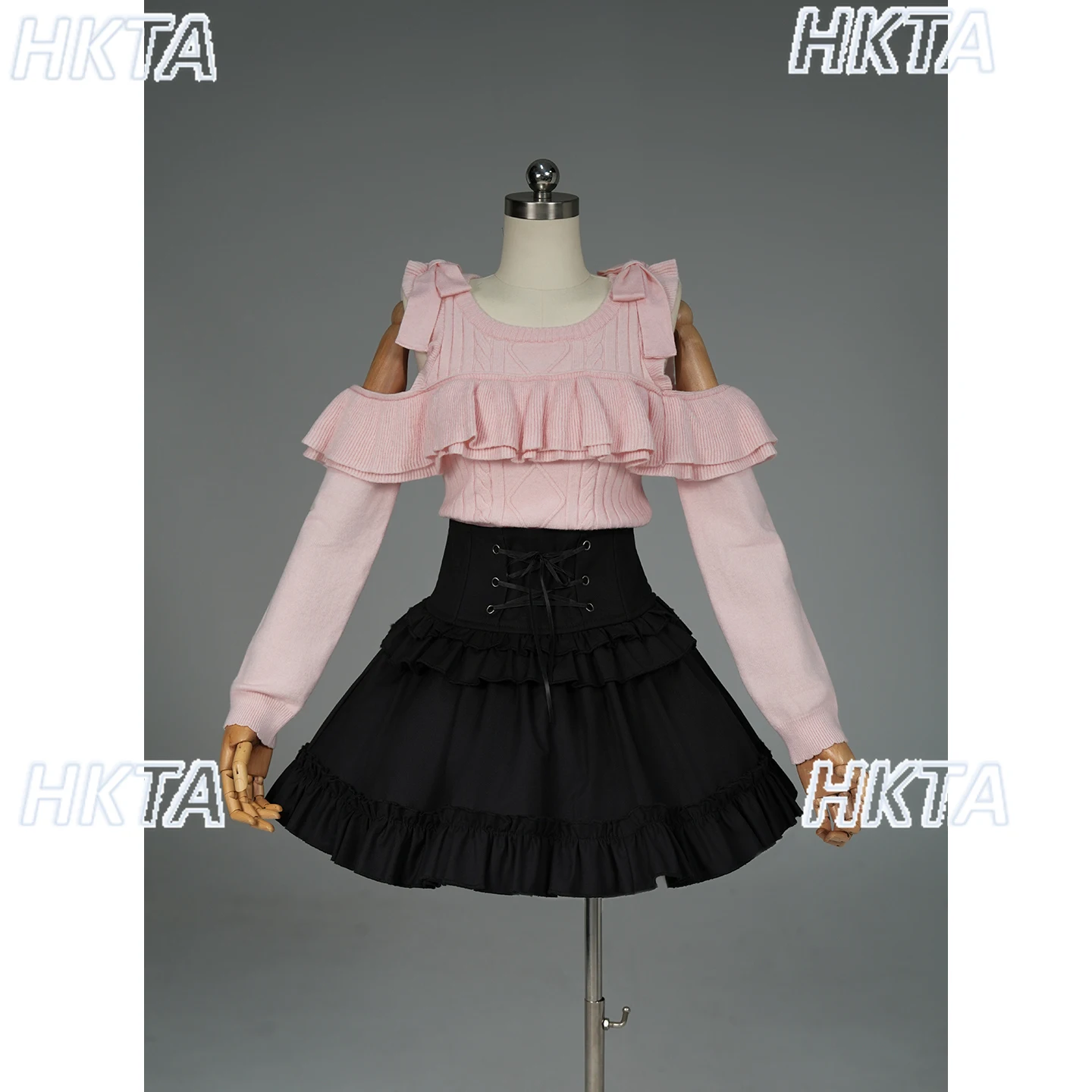 Japonês doce lolita arco fungo borda manga longa fino camisola de malha casaco cintura fina bolo uma linha preto mini saias define feminino