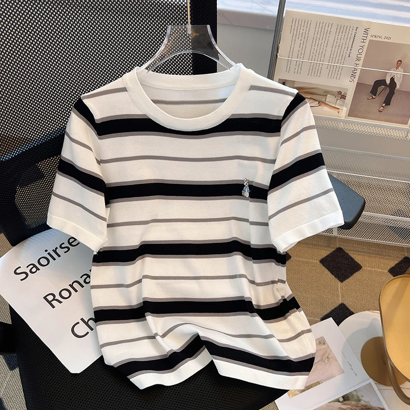 Summer Short Sleeve Striped T-Shirts Versatile Women Knitted Basic Casual Tops Female Cozy Loose Cotton Tees 2024 Harajuku Shirt