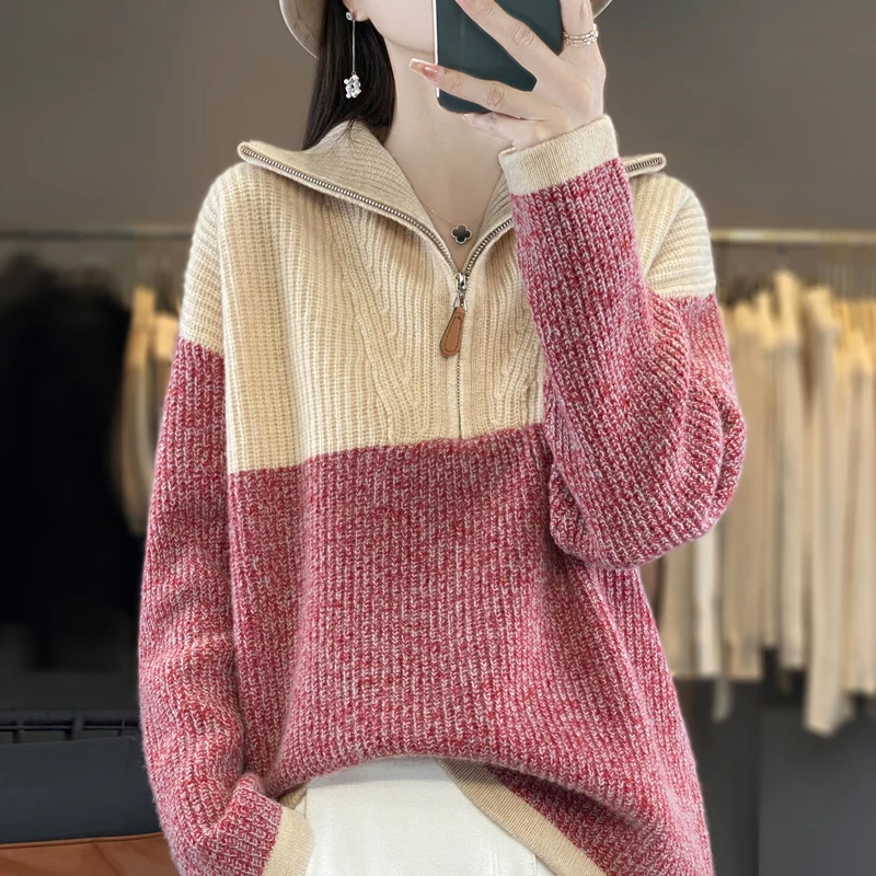 Autumn and winter color blocked knitted women's lapel sweater, casual and fashionable women's new style, 100% wool  pullover