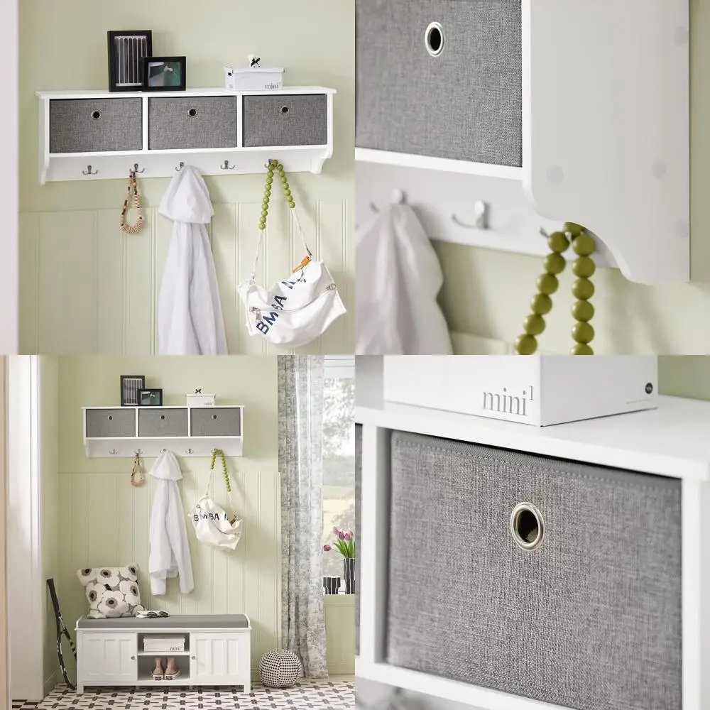 

White Wall-Mounted Coat Rack with Shelf and 3 Baskets, 5 Hooks for Entryway Storage