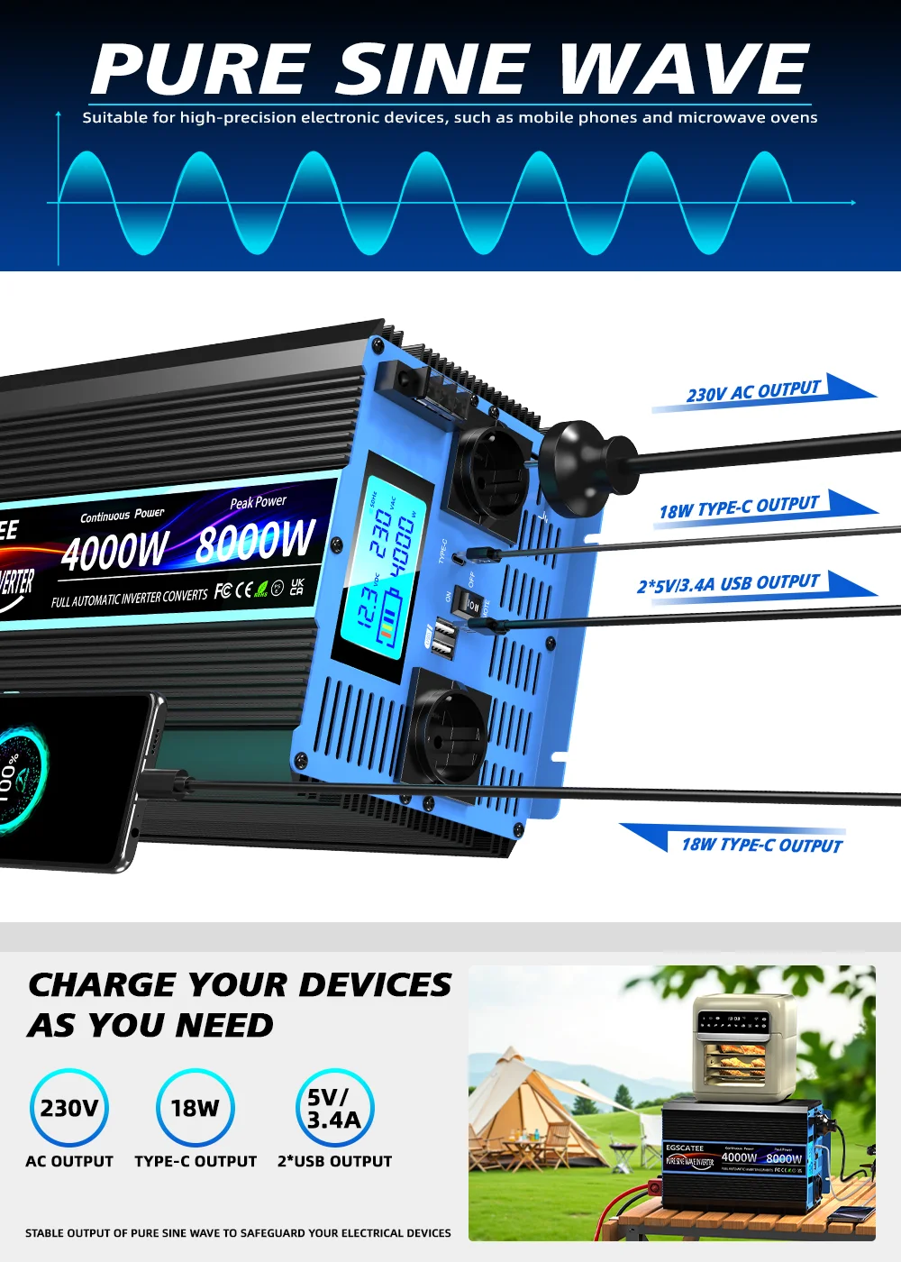 Wechselrichter, reine Sinuswelle, DC 12 V/24 V zu AC 230 V, Transforme-Konverter, Solar-Wechselrichter mit LCD-Display, USB, Fernbedienung – Detail 2