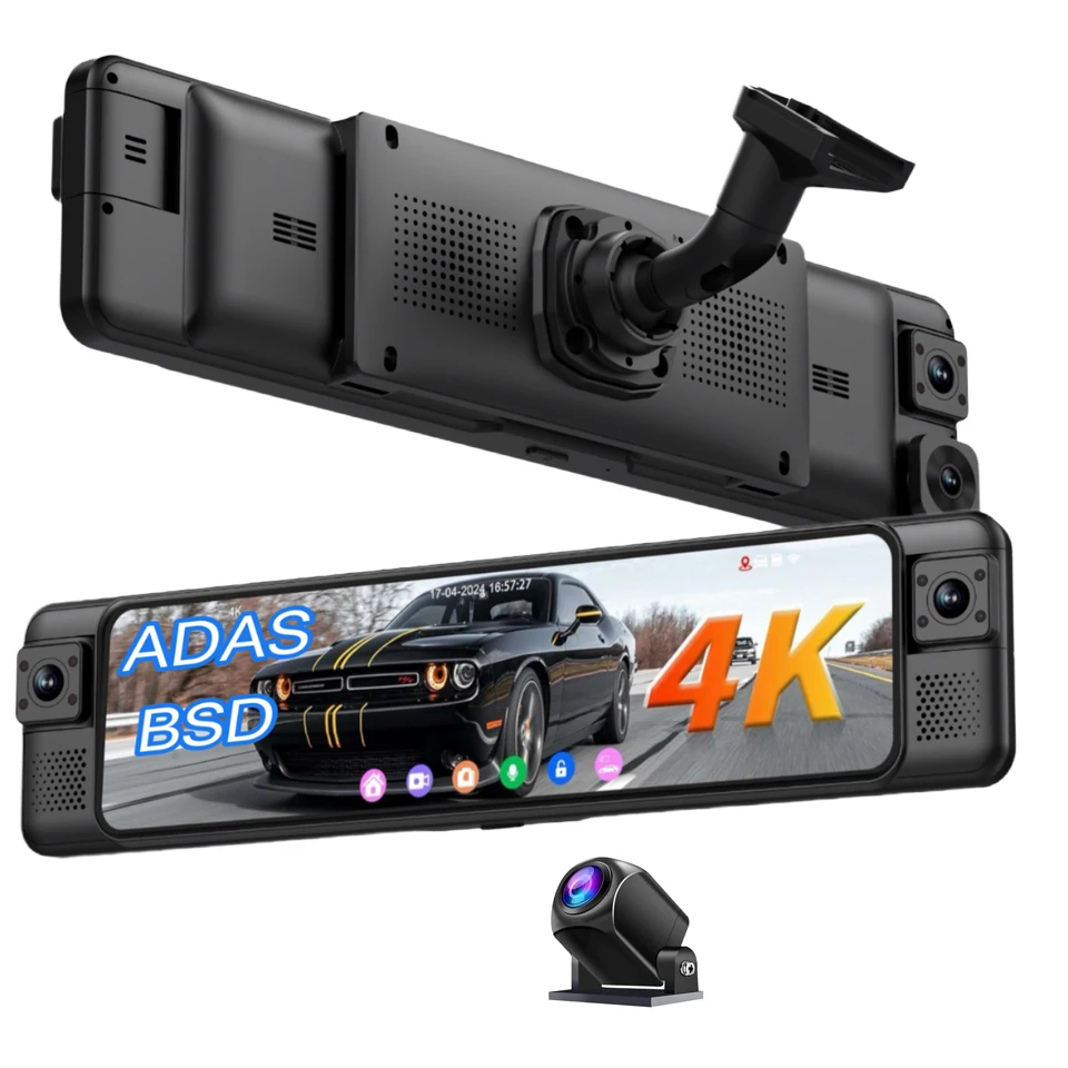 12-Inch Black Box ADAS BSD Car Dashcam 4CH Mirror Touchscreen 4K Hardwire Kit 1-Year Warranty Video Recorder Front Rear
