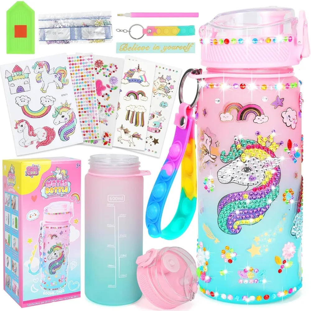 Decorar sus propios kits de botellas de agua para niñas, gema de unicornio, manualidades de pintura de diamantes para niñas, juguetes artesanales, regalos de unicornio para cumpleaños