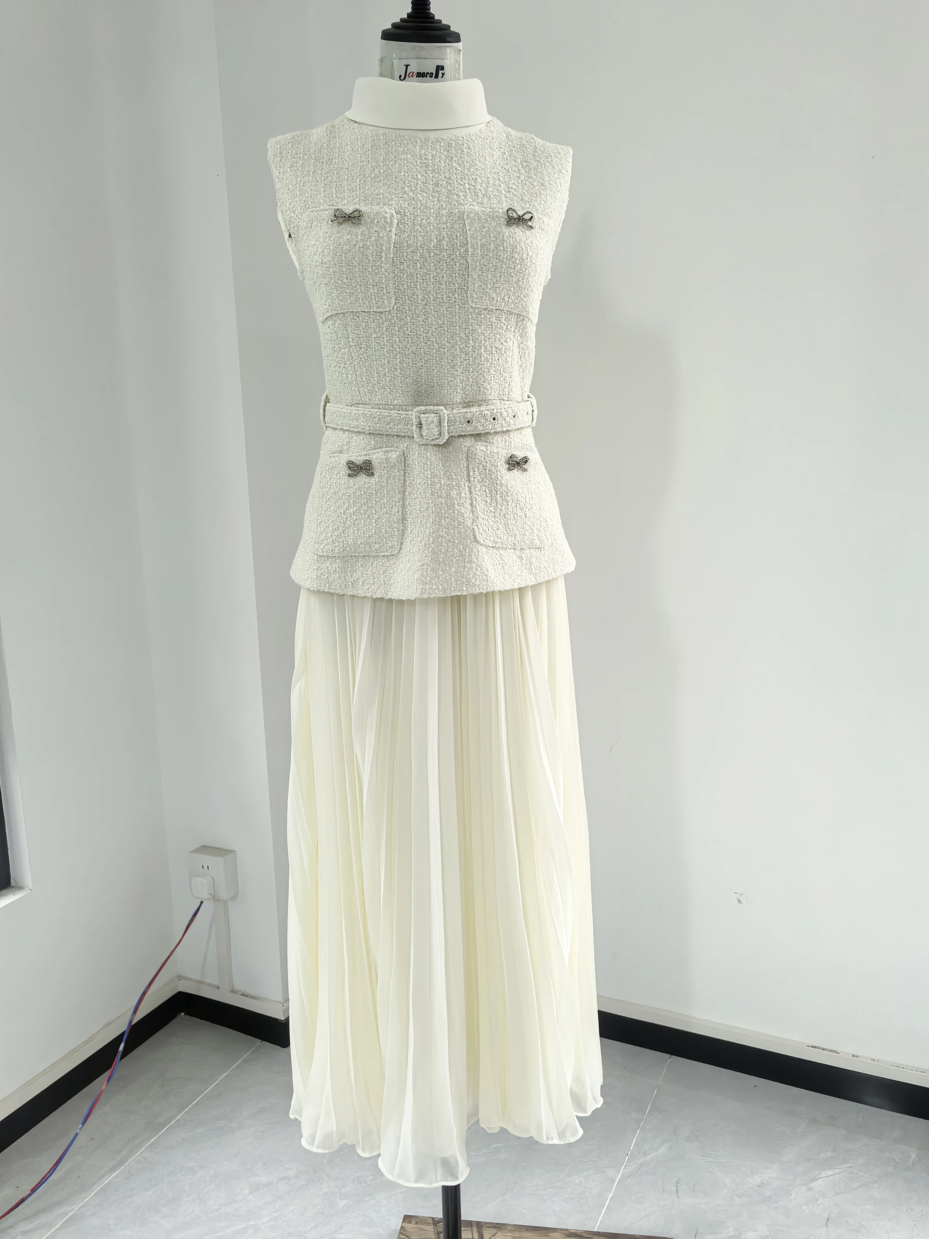 Formal Luxury Evening Dress Women Summer Bow Pocket Tweed Chiffon Long Dresses Wedding Prom Party Vestidos Midi Robe Designer