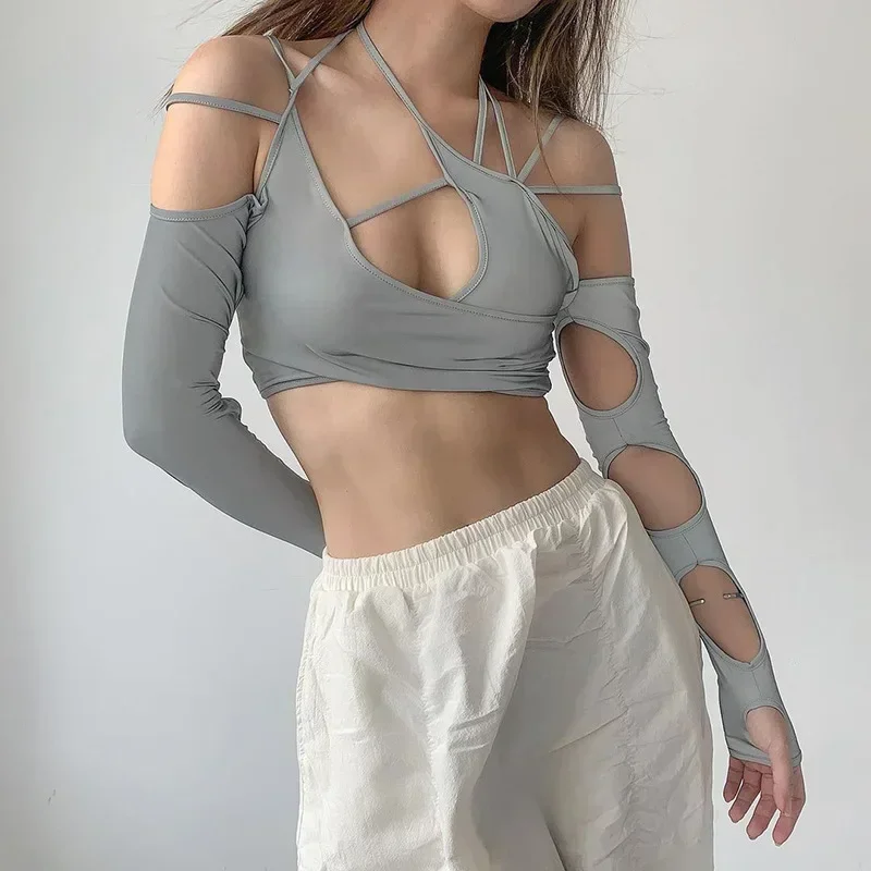 

2024 Новый Cyber Y2k Techwear Панк Женские топы с лямкой на шее Готический Egirl Лоскутный укороченный топ с длинными рукавами Сексуальные повседневные футболки с вырезами