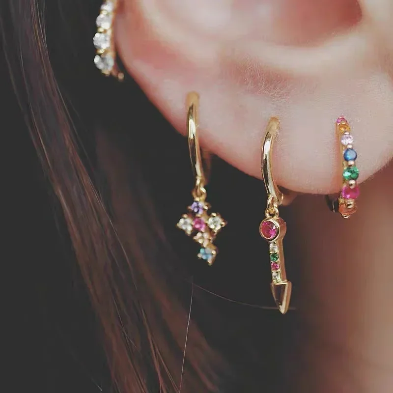 925 Sterling Silver Earrings Colorful Geometric Zircon Hoop Earrings for women Retro Tassel Drop Earring Fashion Wedding Jewelry