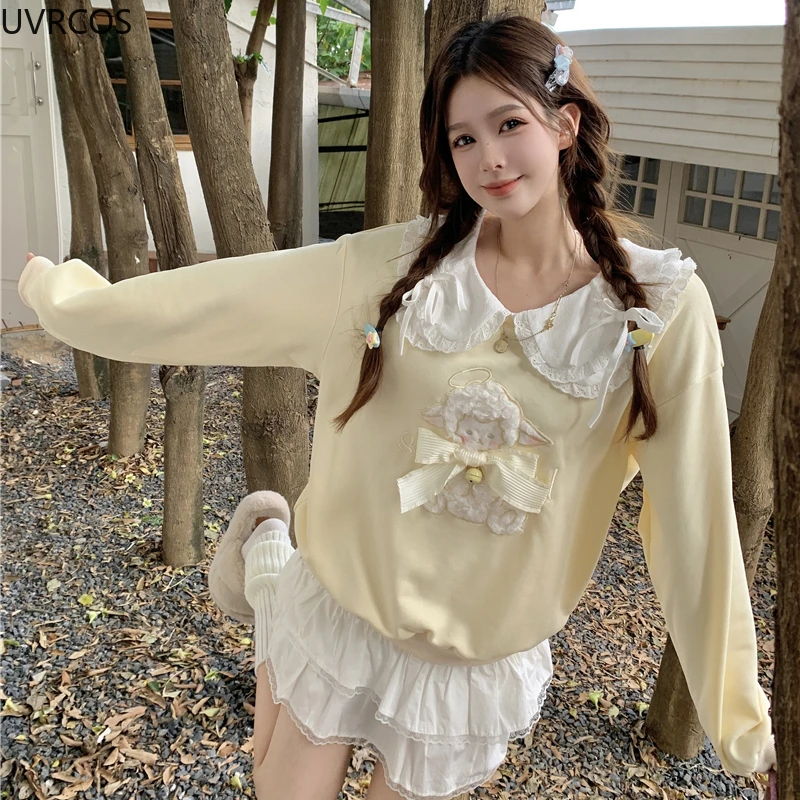 Japanese Cute Hoodies Women Bow Cartoon Sheep Embroidery Sweatshirt Harajuku Streetwear Y2k Pullover Tops Sweet Moletom Feminino