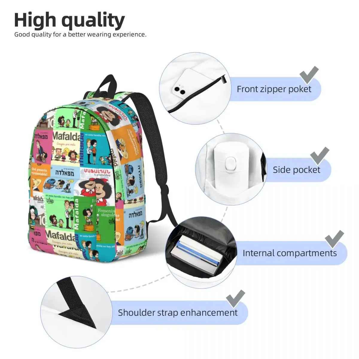 Anime Plaid Mafalda for Teens Student School Bookbag Daypack Middle High College Hiking