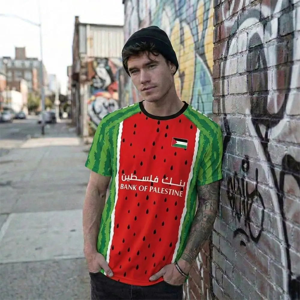 Palestine Flag Print Jersey Fun Watermelon 3D Pattern Commemorative Soccer T-shirt Men's Women's Outdoor Breathable Sports Tee