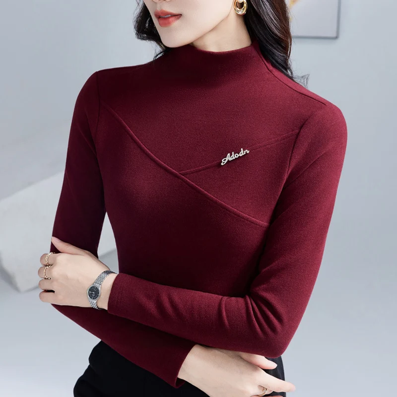 

M-4XL Autumn Winter New 2025 Long Sleeved Turtleneck Thick velvet Women's T-Shirt Fashion Casual Solid Color Knitted Tops