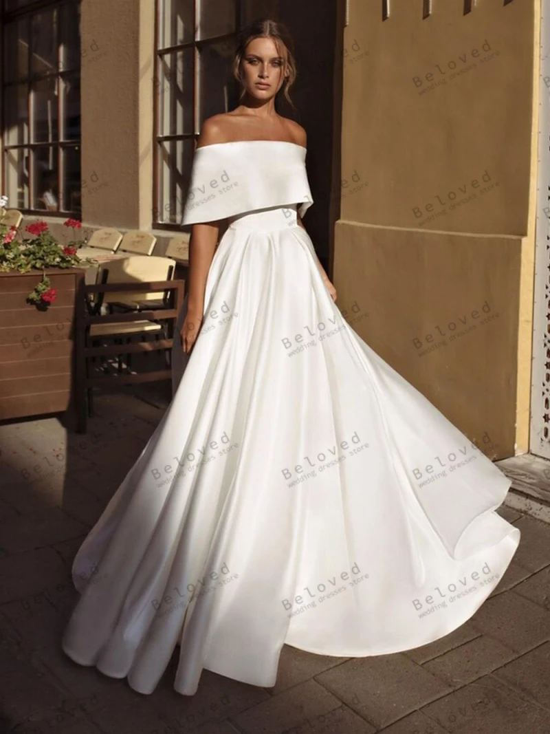 

Elegant Wedding Dresses A-Line Satin Bridal Gowns Off The Shoulder Boat Neck Robes For Formal Party Graceful Vestidos De Novia