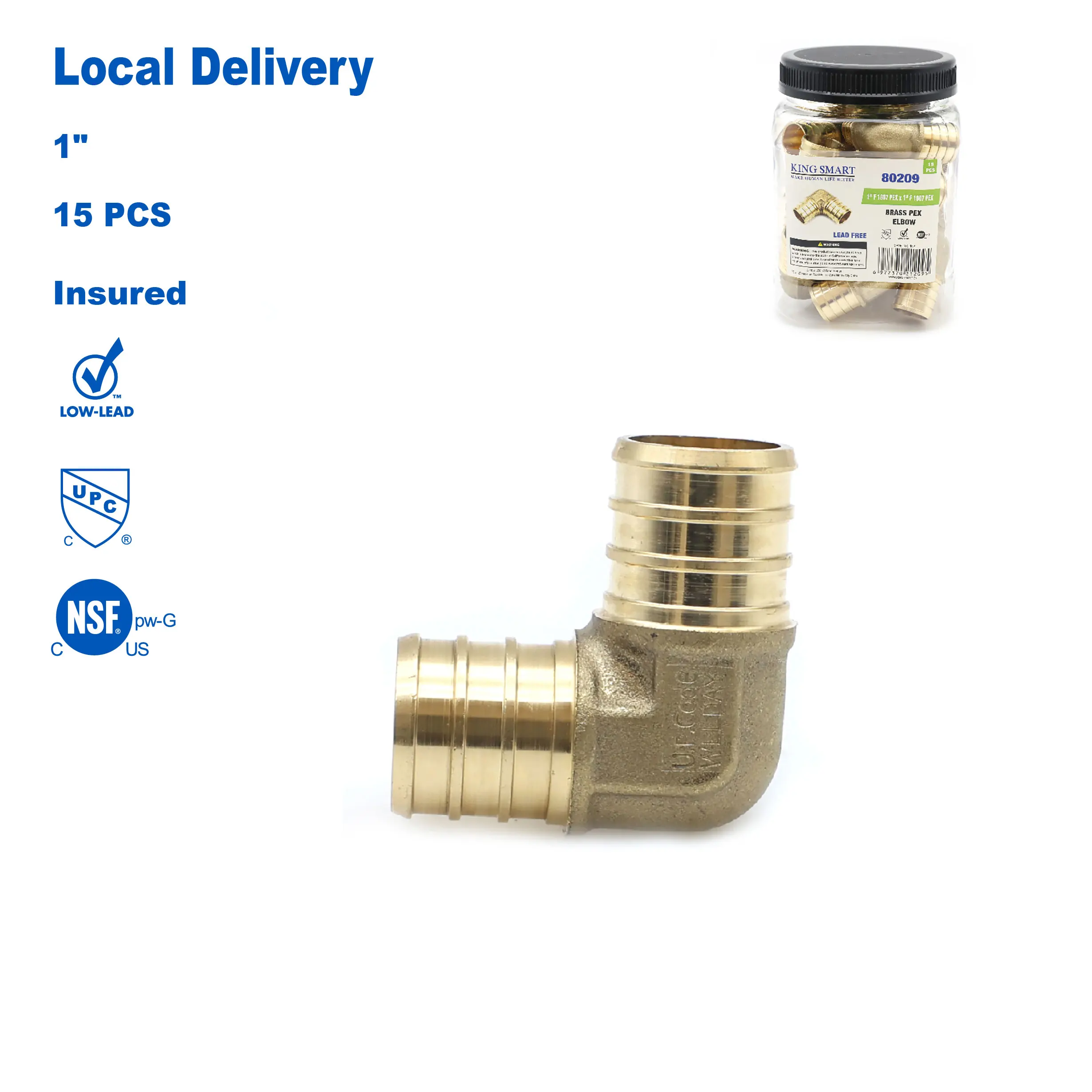 KING SMART 1 Crimp PEX Elbow; Suitable for PEX B/C, PERT Pipe Installation; Lead Free Brass; 15Pcs/Case; 80209