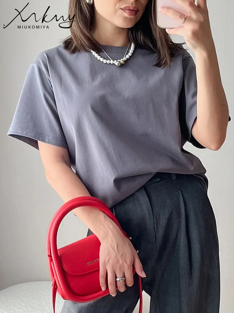 220G Cotton Basic T Shirts Women Oversize Tops Solid Spring Summer Loose Gray Oversized Tshirt  Green Women\'s T-shirt Ladies