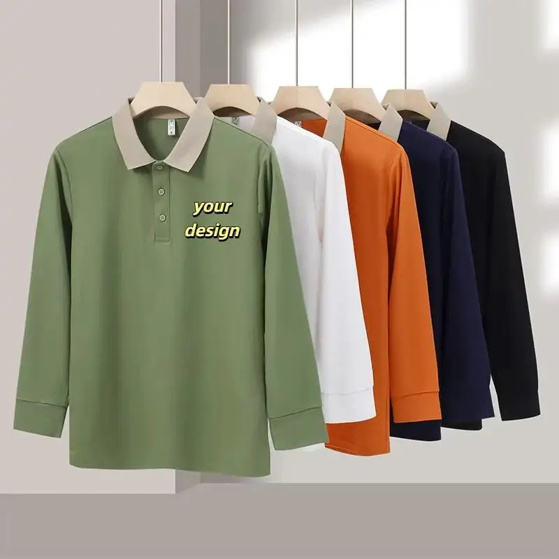 230g Long Sleeved Lapel Color Blocked Polo Shirt Personalized Custom Design Print Logo Autumn Men Women Employee Workwear Top