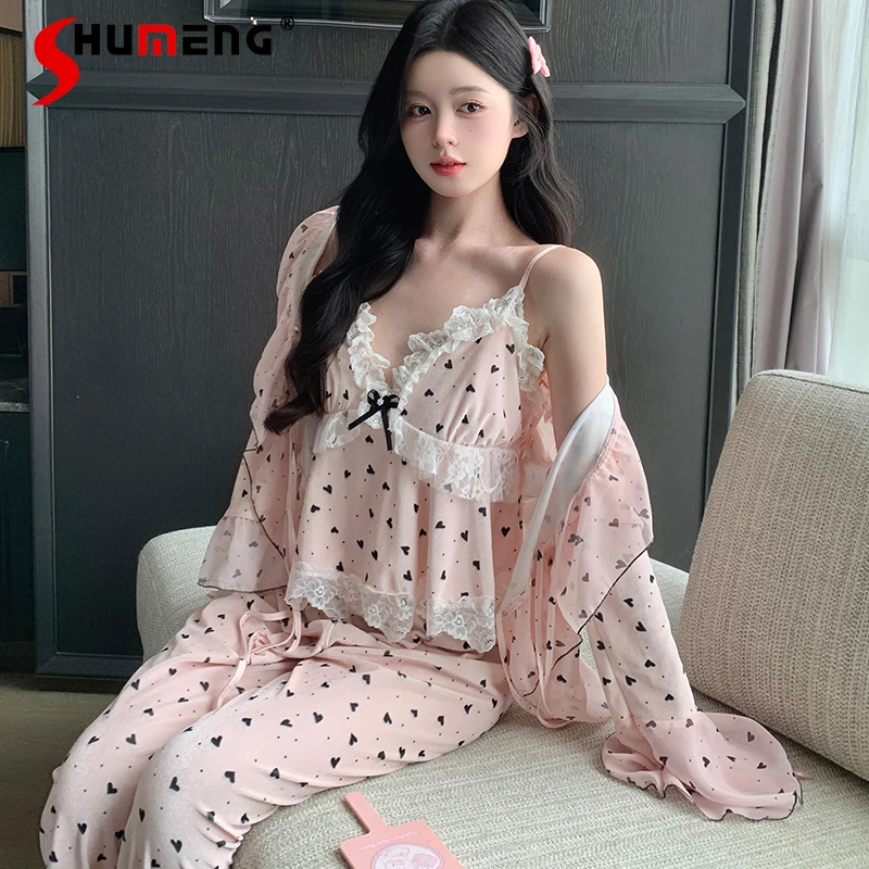 

Бархатная пижама в горошек для женщин, сексуальная майка с подушечками на груди, комплект из трех предметов, женская японская носимая милая домашняя одежда