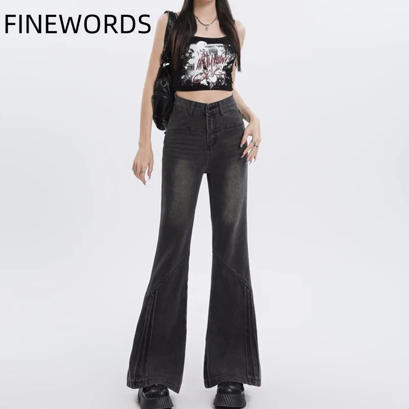 

FINEWORDS Vintage Dark Gray Bell Bottom Jeans Women Korean Casual High Waist Flared Jeans Streetwear Harajuku y2k Boot Cut Jeans