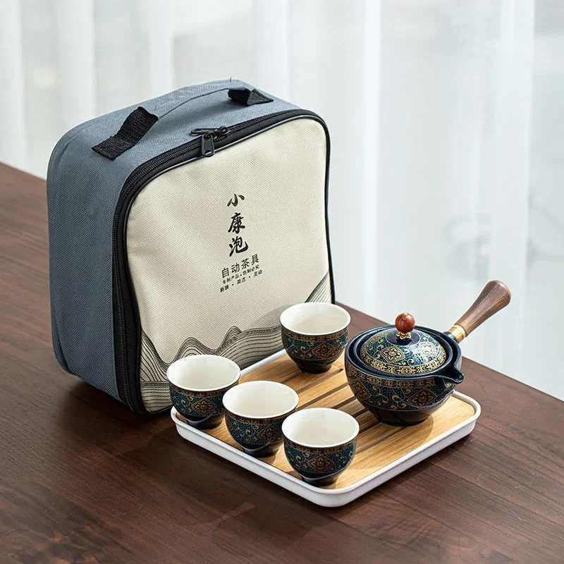 Chinese Gongfu Porcelain Tea Set with 360° Rotation Tea Maker and Infuser Portable travel Tea Cup Teapot Set All in One Gift Bag