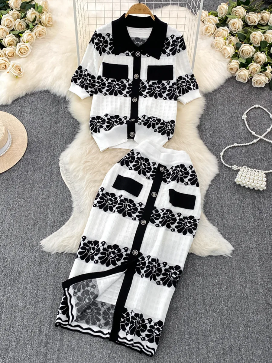 Small Fragrant Style Summer Women\'s Knitted Two Piece Suits Vintage Lapel Cardigan Sweater And Skirt Sets Female Outfits