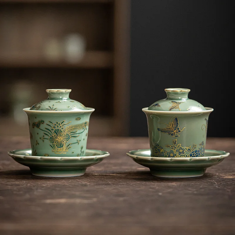 

Chinese style retro celadon covered bowl creative ceramic tea bowl large tea cup Kung Fu tea set brewing bowl
