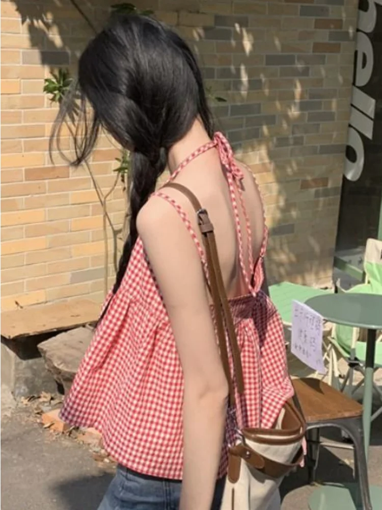 Red Plaid Camisole Women Backless Hotsweet Bandage All-match Loose College Personality Chic Summer Korean Style Fashion Ulzzang