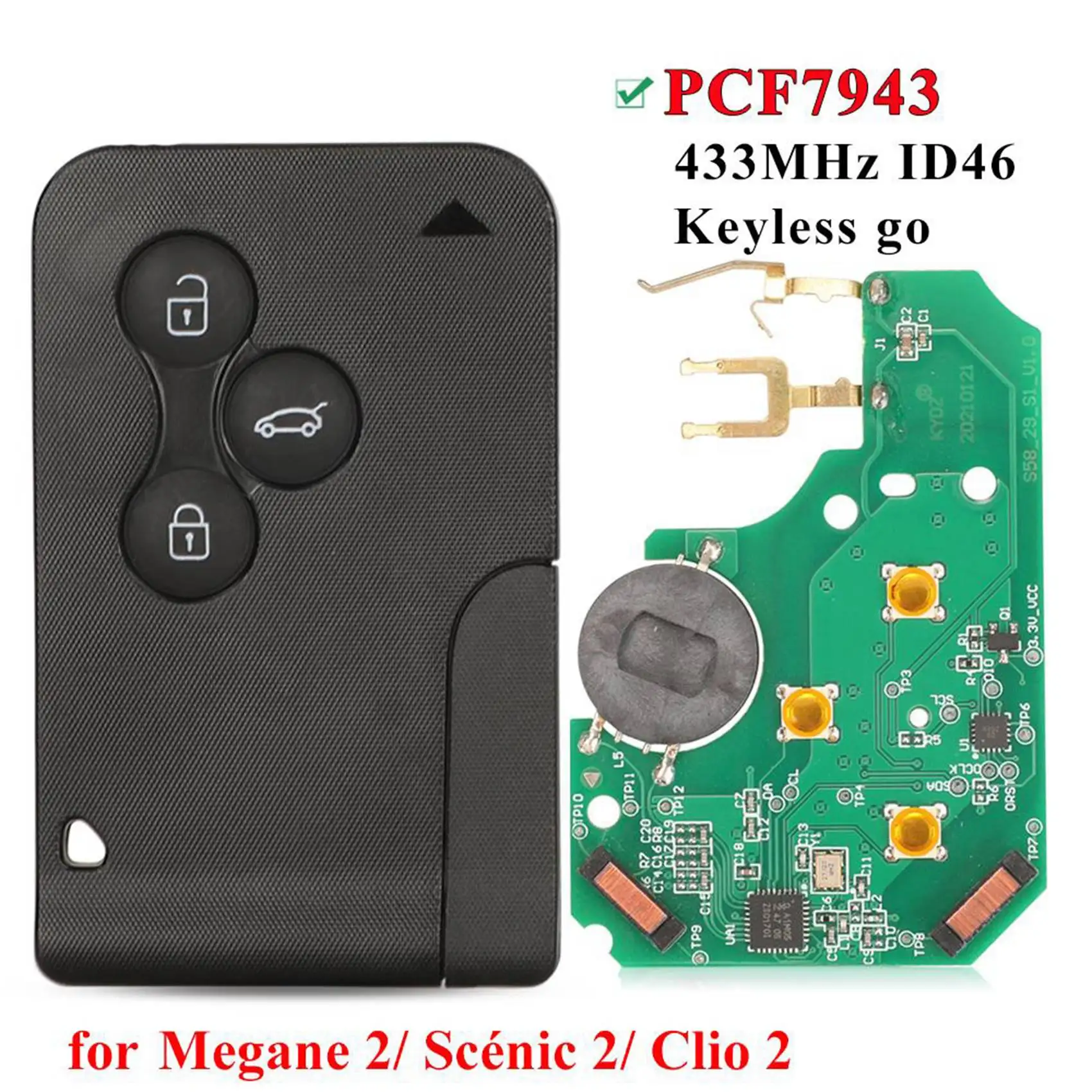 For Renault Megane Car Smart 3 Buttons FOB BCM Keyless Go Hands Free 433MHz ID46 PCF7943 Key Card