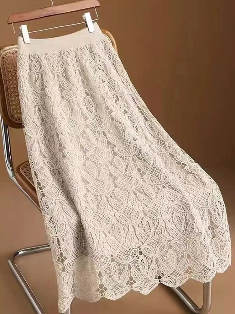 Korean Cotton Skirt Women Spring Fashion High-Waisted Slimming lace Cutout Hook Flower Skirt  A-line Skirt Fairy Skirt Willow