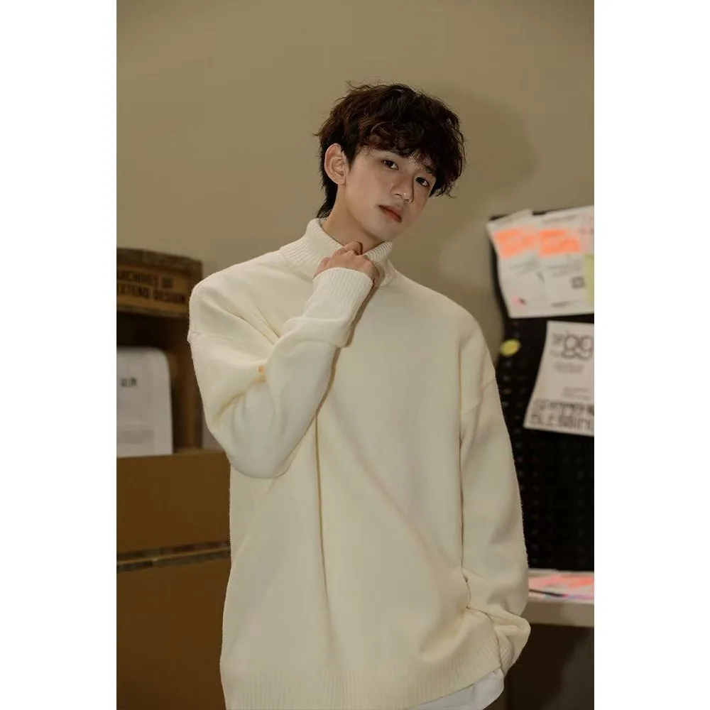 

Autumn and winter men's high neck sweater with lazy style, thick and loose, handsome youth base coat, retro wool sweater