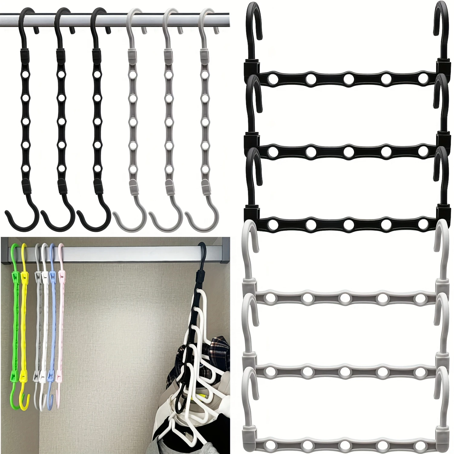 

7/12 Pack Premium Magic Hangers - 5-Hole Sturdy Closet Organizers - Space-saving Solution for Clothes - Multicolor, Black & Gre