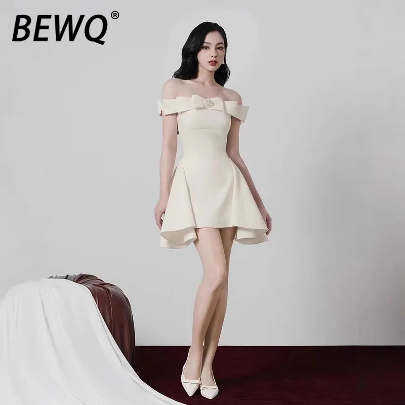 

BEWQ Fashion Women's Elegant Dress Slash Neck Bow Patchwork Beading High Waist Pleated Short Evening Party Dress 2025 Autumn New