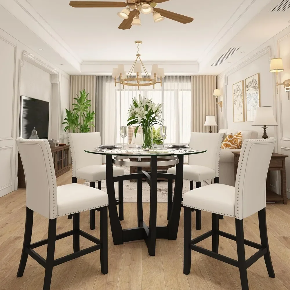 

Glass Counter Height Bar Table Stools Set of 4,42" Round Tempered Glasstop Counter Height Table Stools Set 26"H Barstools Chairs