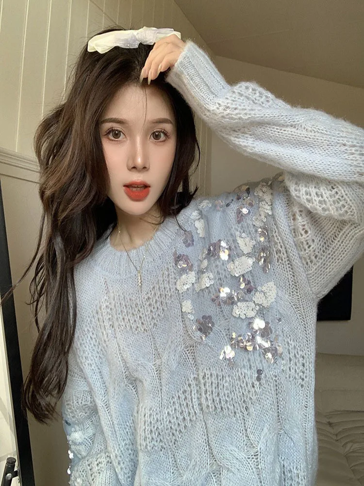 Autumn Winter New Ladies Korean Ins Fashionable Stylish O-neck Knitted Top Women\'s Sweet Fairy Solid Sequins Pullover Sweater