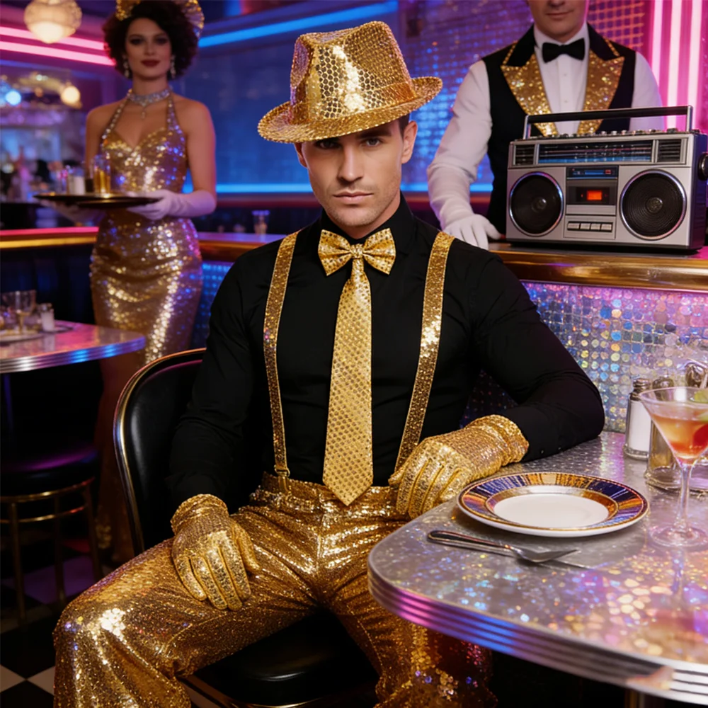 Zestaw Kostiumowy w Stylu Retro z Lat 90. z Złotymi Cekinami: Kapelusz Fedora, Szelki, Krawat, Muszka, Rękawiczki, Akcesoria Imprezowe