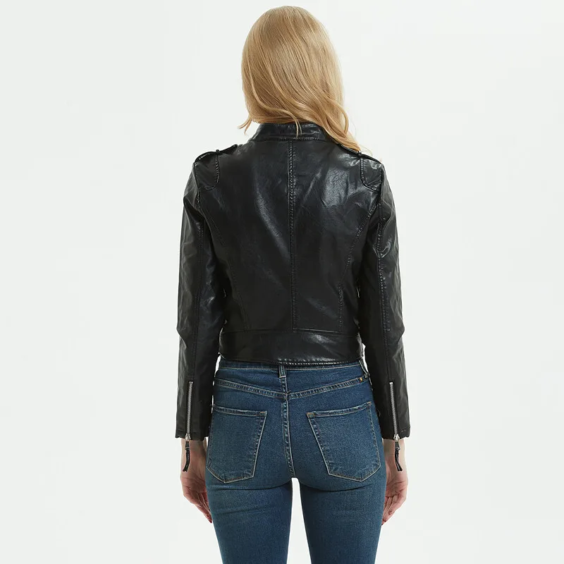 2024 Spring and Autumn New PU Motorcycle Leather Jacket for Women, Short Style, Slim Fit, Stand up Collar, Washed Leather