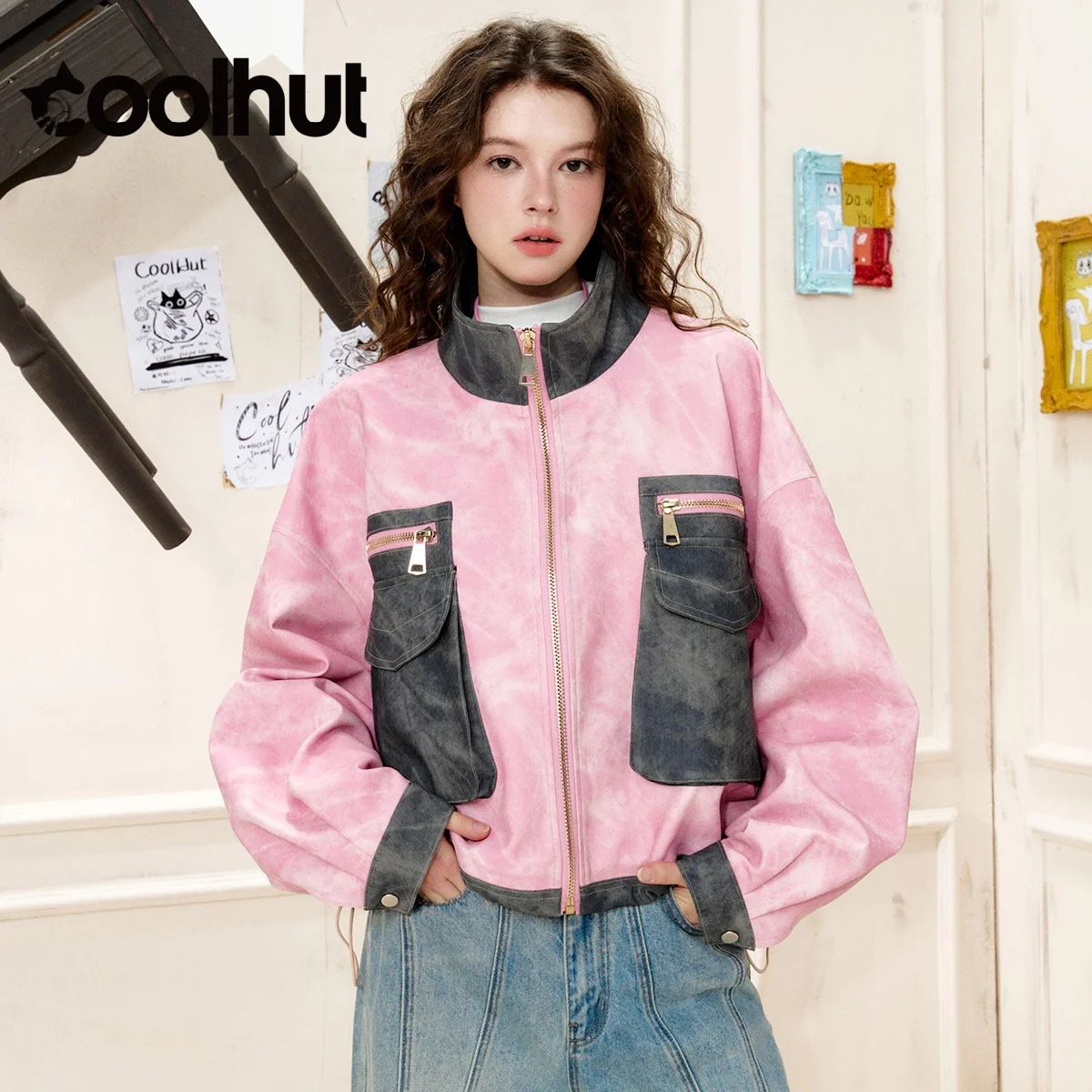 COOLHUT 2025 New Arrival Women's Vintage Denim Jacket Short Length Slim Fit Contrast Pocket Petite Utility Casual Fall Outerwear