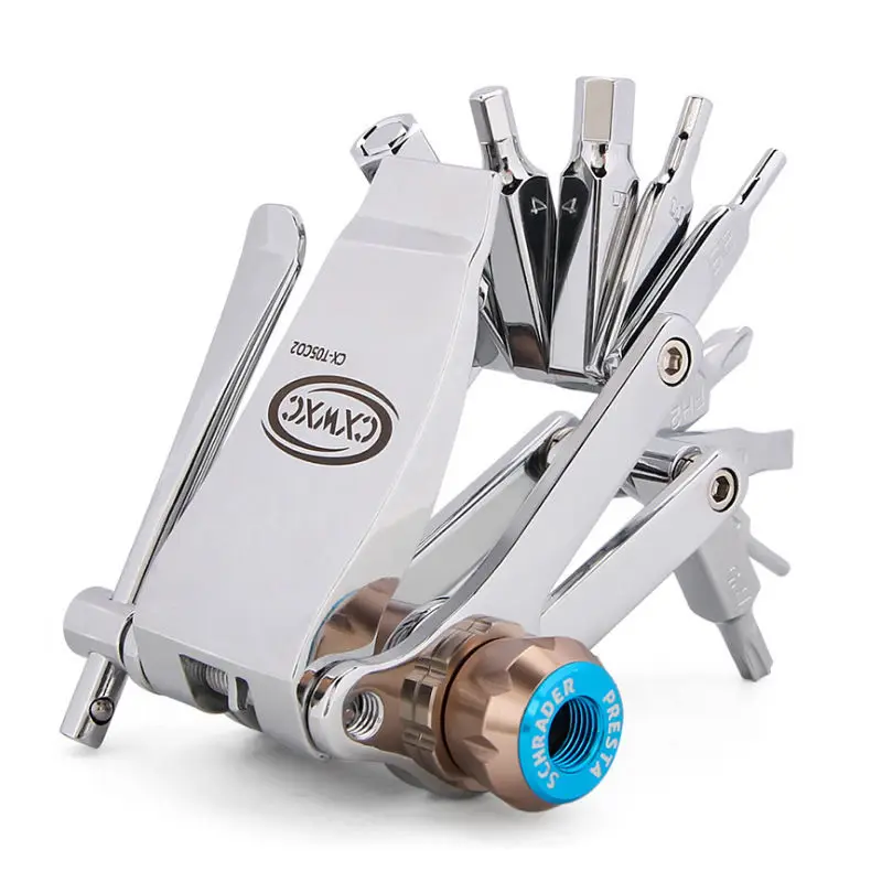 16 in 1 Portable Bicycle Folding Combination Tool Mini Bike Multitool Bicycle Tires Repair Tool Kit Can Connect T05 Gas Cylinder