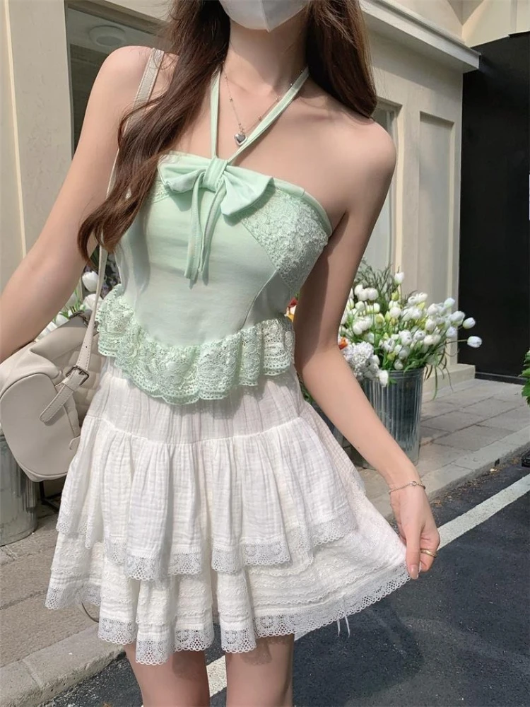 Women Summer Sweet Bow Lace Halter Neck Camisole Slim Fit Vest Top With Adjustable Straps Cute Charming