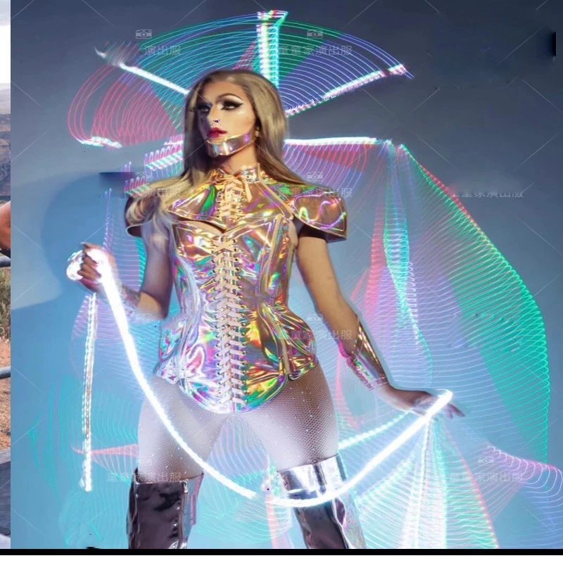 المستقبل ارتداءها تأثيري المرأة مثير حفلة عرض مسرحي التكنولوجيا الذهبية درع بار جوجو ازياء ملهى ليلي ds أزياء الخيال العلمي