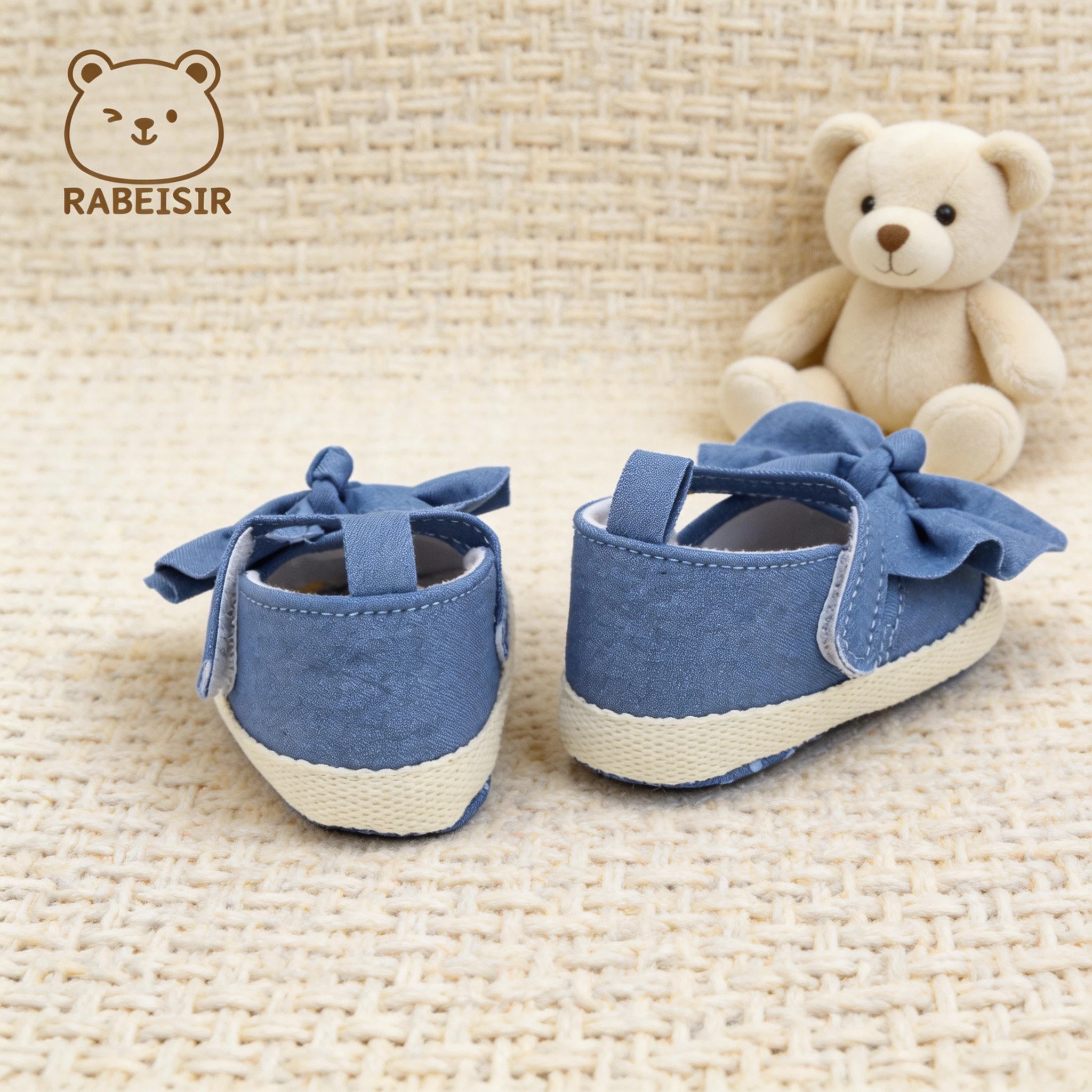 Baby Girls Mary Jane Shoes 0‑18 Months Denim Big Bow Decor Hook&Loop Soft Sole Infant First Walker Shoes