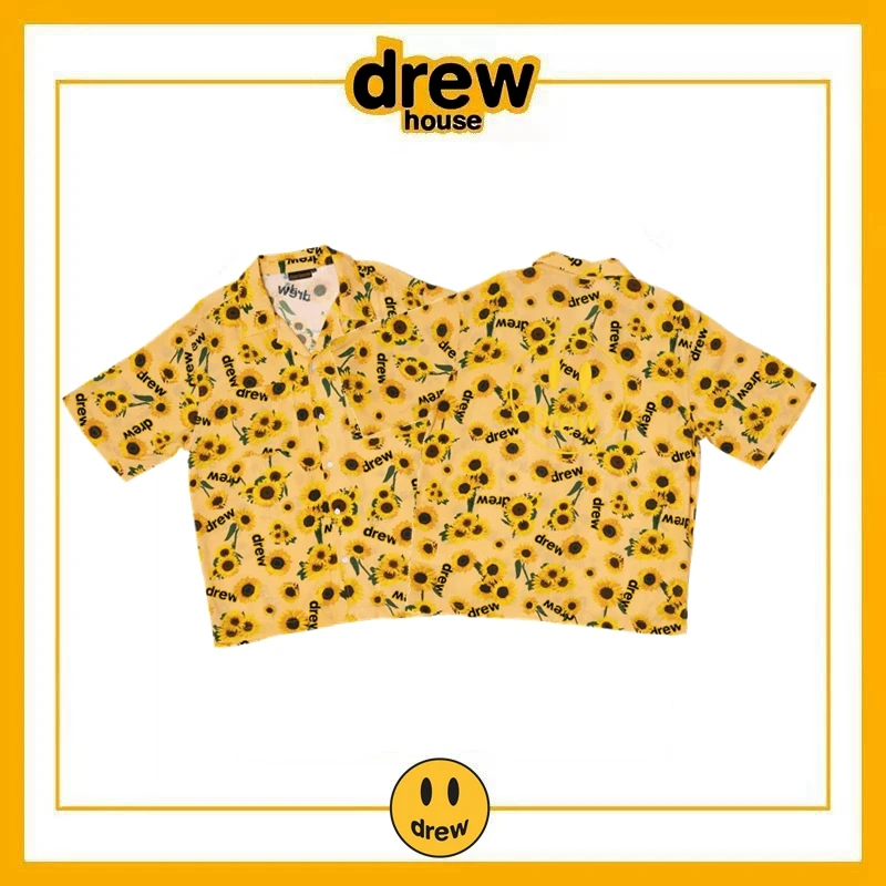 

Drew House Улыбающаяся рубашка с подсолнухом, мужская трендовая свободная пара, гавайская рубашка с цветочным принтом и половиной рукавов