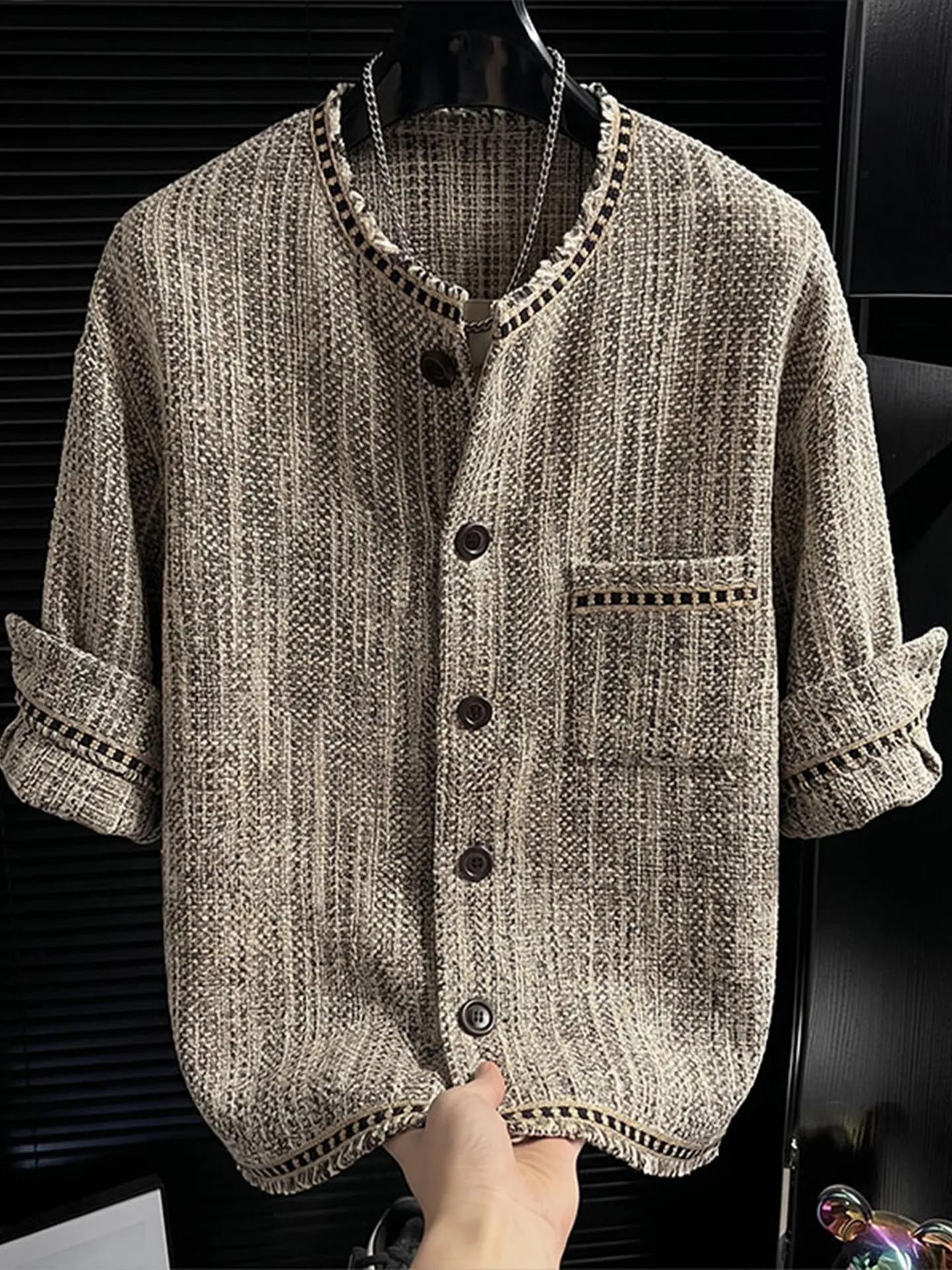 Loose Fit Knitted Jacket for Men with Frayed Collar Luxury Texture Button up Commute Outerwear Long Sleeve Youth Fashion