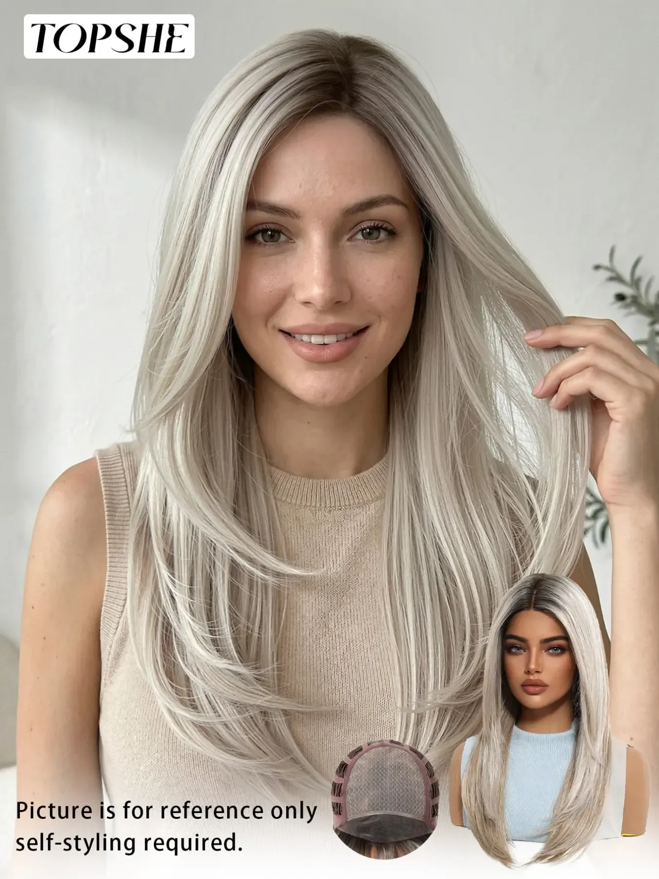 

Topshe Mono Lace Front Wig, Deep Root Gradient Platinum Blonde, High-End Women's Wig, Futura Imported Fiber, Natural Parting