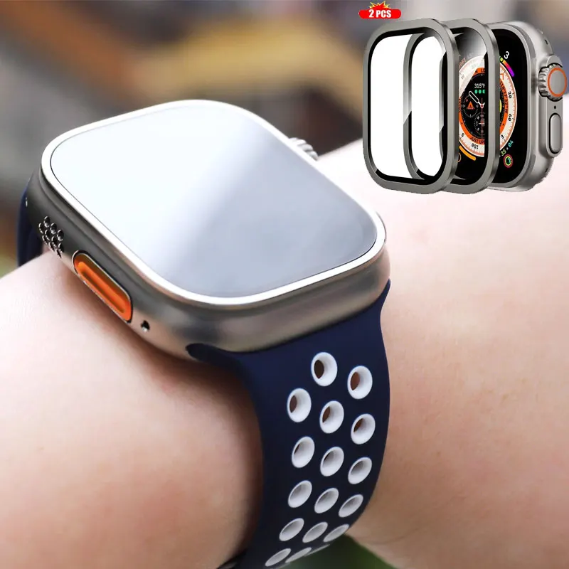 2PCS Titan Metallrahmen für Apple Watch Ultra2 49mm Zubehör Gehärtetes Glas Anti-Kratz-Film Serie Ultra Displayschutzfolie