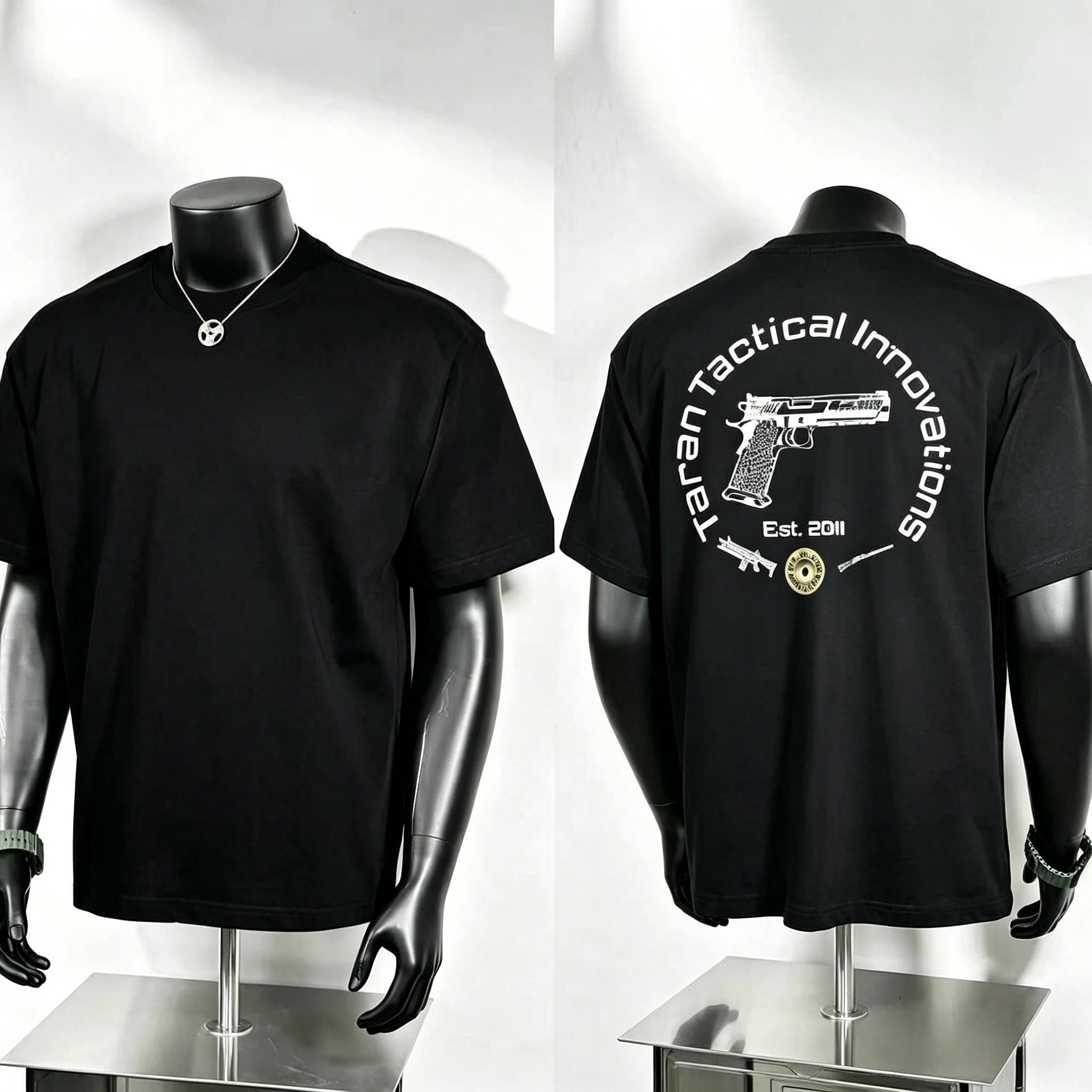 Circular Badge Shooting Theme T Shirt, Taran Tactical Letter Surrounding Pistol and Bullet Print, Vintage Tactical Street Tee