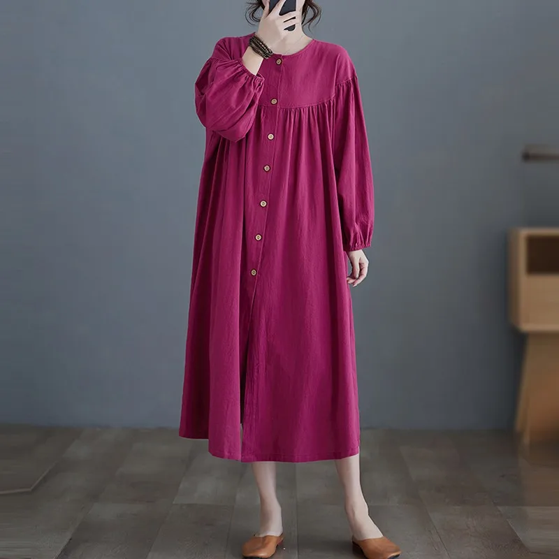 

Women Cotton Linen Casual Dress New Arrival 2024 Spring Vintage Style O-neck Solid Color Loose Female A-line Long Dresses B3305